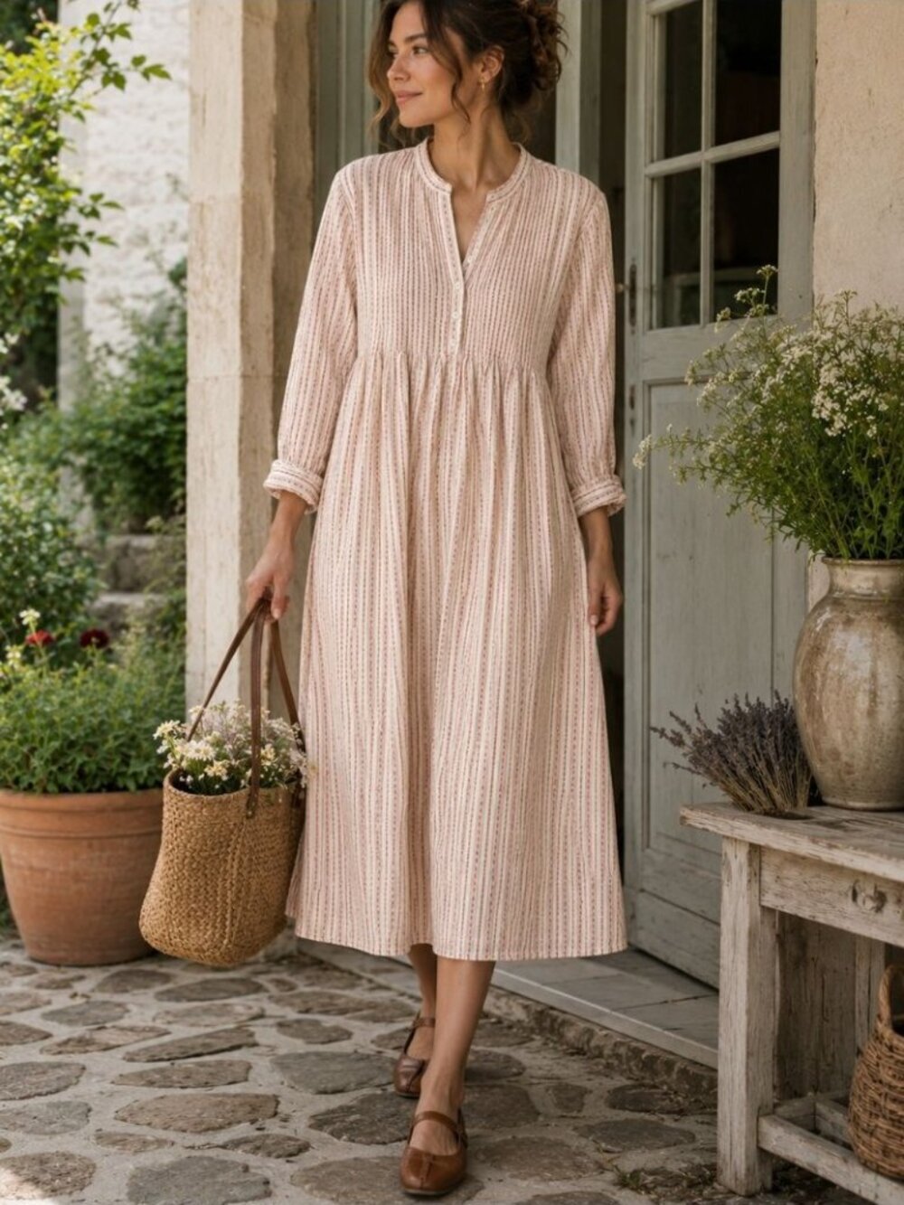 LL Bean Prairie Cottagecore Boho Maxi Dress Cream Red Stripe Petite Small